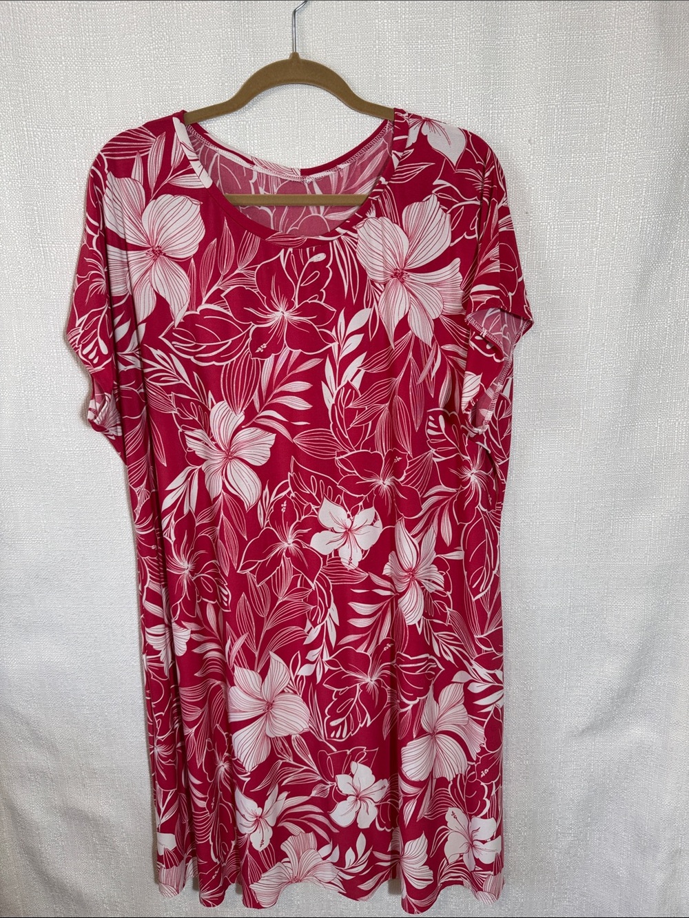 Pink Tropical Floral ITY Knit Knee Length Shift Dress Size 2X Drop Sleeve - Picture 2 of 5